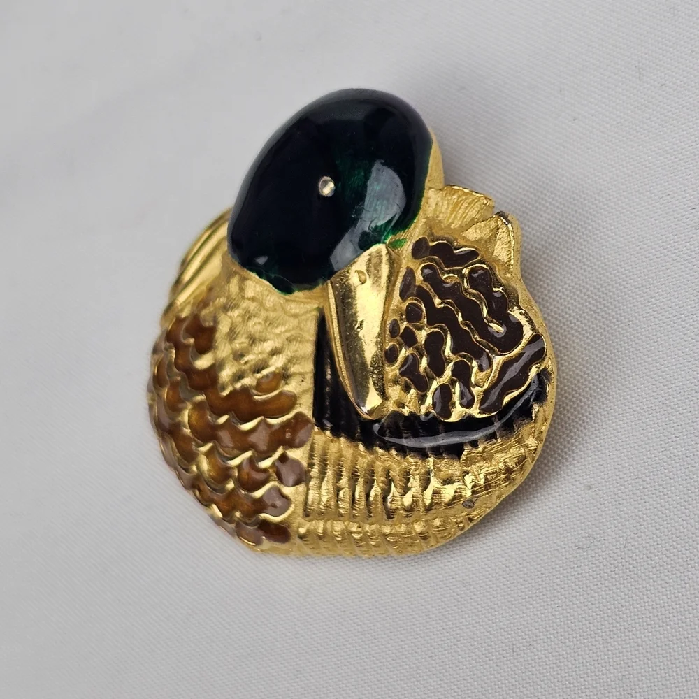 Paquette Gold Tone Textured Figural Enamel Mallard Duck Brooch - Picture 6 of 9